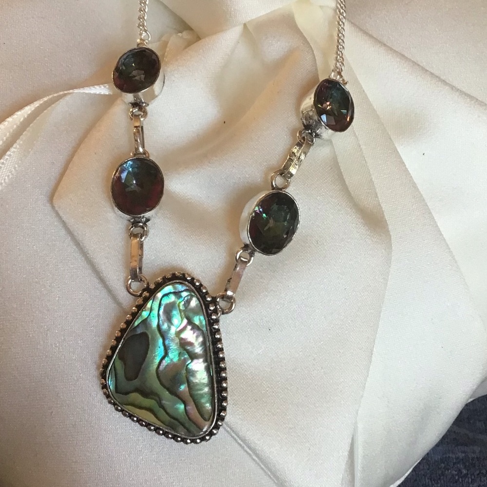 Sterling Silver Mystic Fire Topaz and Abalone Pearl Necklace Choker - Picture 6 of 11